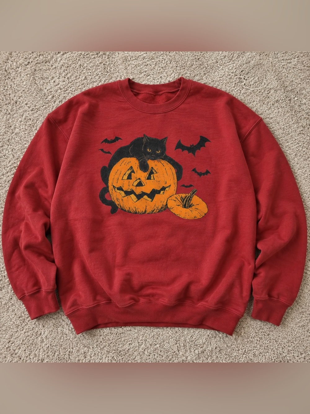 Gildan Red Crewneck Sweatshirt with Pumpkin & Black Cat Graphic